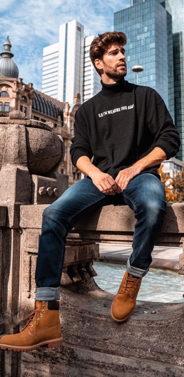 Black Roll Neck and Blue Denims paired with Boots