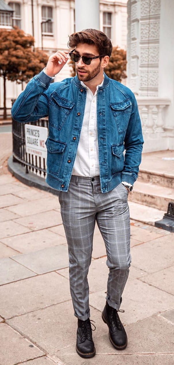 Blue-Denim-Jacket-Plaid-Trousers