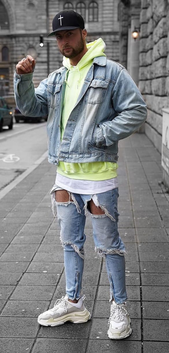 Blue-denim-Jacket-Green-Hoodie-and-Blue-Ripped-Denim-Jeans