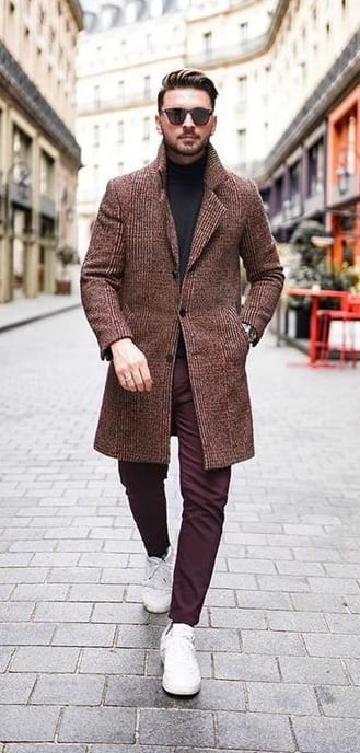 Brown Overcoat, Black Roll Neck and Brown Chinos for this Winter season