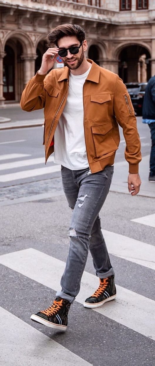 Camel Brown Jacket, White Tee, Jeans and Boots