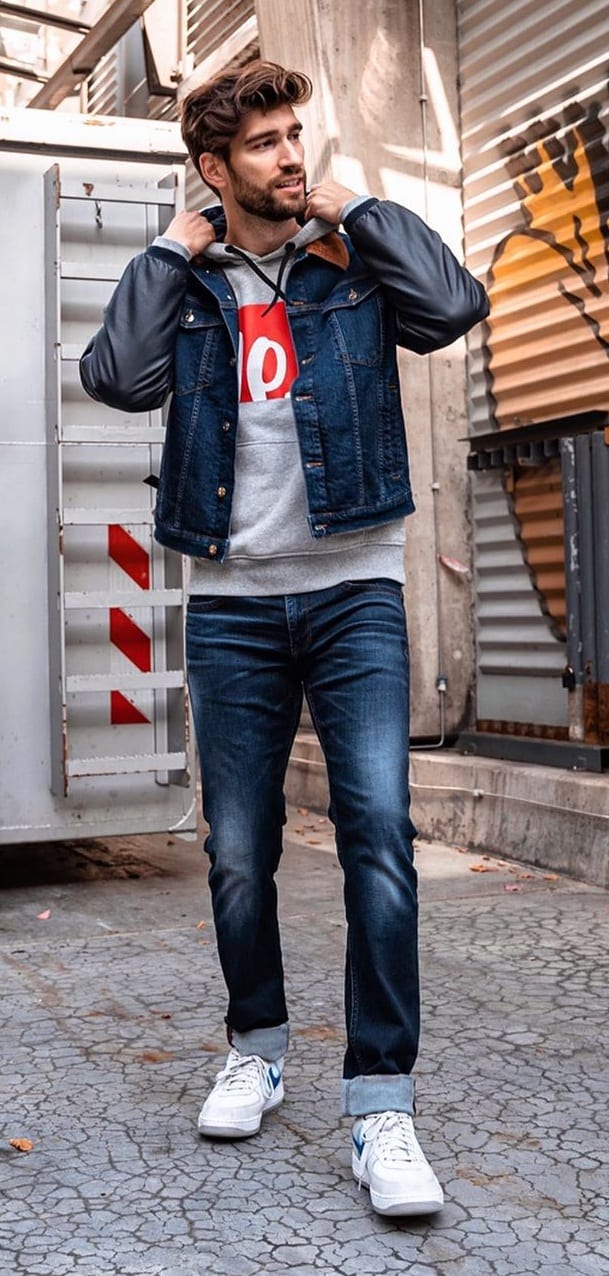 Denim Jacket, Hoodie and Denim Jeans Outfit for Men