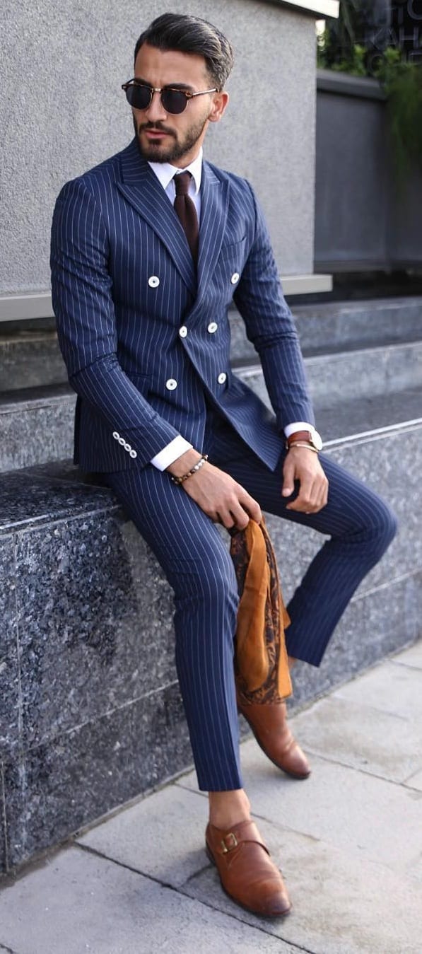 Double Breasted Blue Pinstripe Suit Ideas for Men