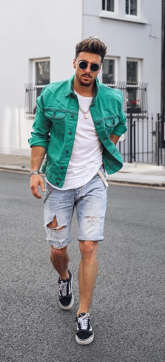 Green-Denim-Jacket-Paired-With-Denim-Shorts