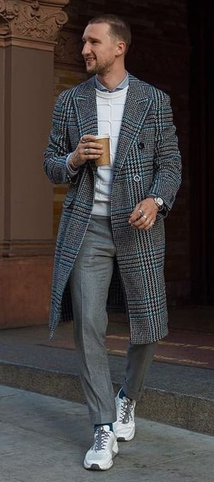 Grey Plaid Overcoat,Shirt, Sweater and Denim Outfit for Winter