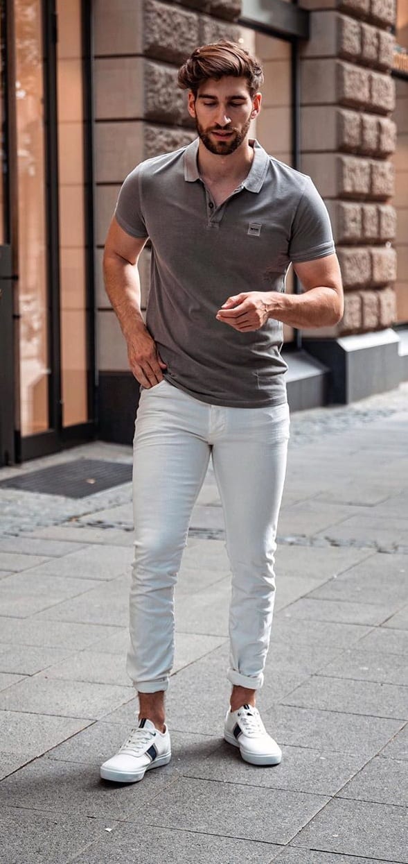 Grey Polo T-shirt and White Pants Outfit For Men