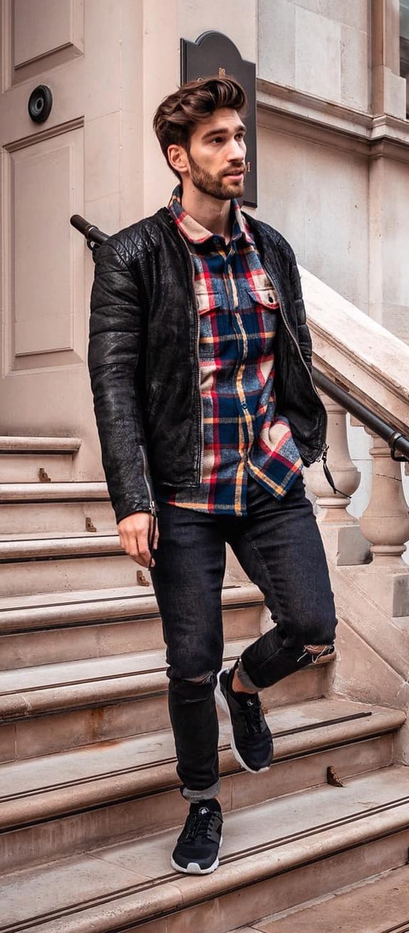 Leather Jacket, Checkered Shirt and Ripped Denim Outfit