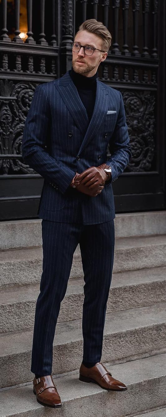 Navy Pinstripe Suit Outfit Ideas for Men
