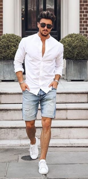No Collar Shirt- Distressed Denim Shorts-Casuals for men