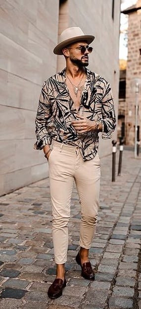 Printed Mens Shirt-Chinos- Sunglasses-Hat-Casual Outfit