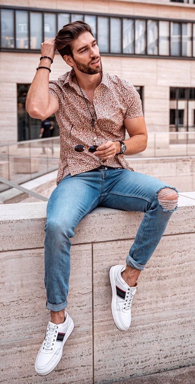 Printed Shirt and Blue Ripped Denims