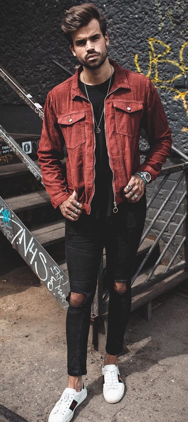 Rust Red-Denim-Jacket-Black-Ripped-Denim