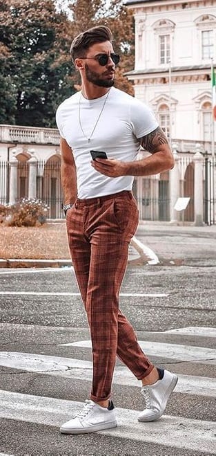 Simple White Tee -Plaid Trousers-Casual Outfit