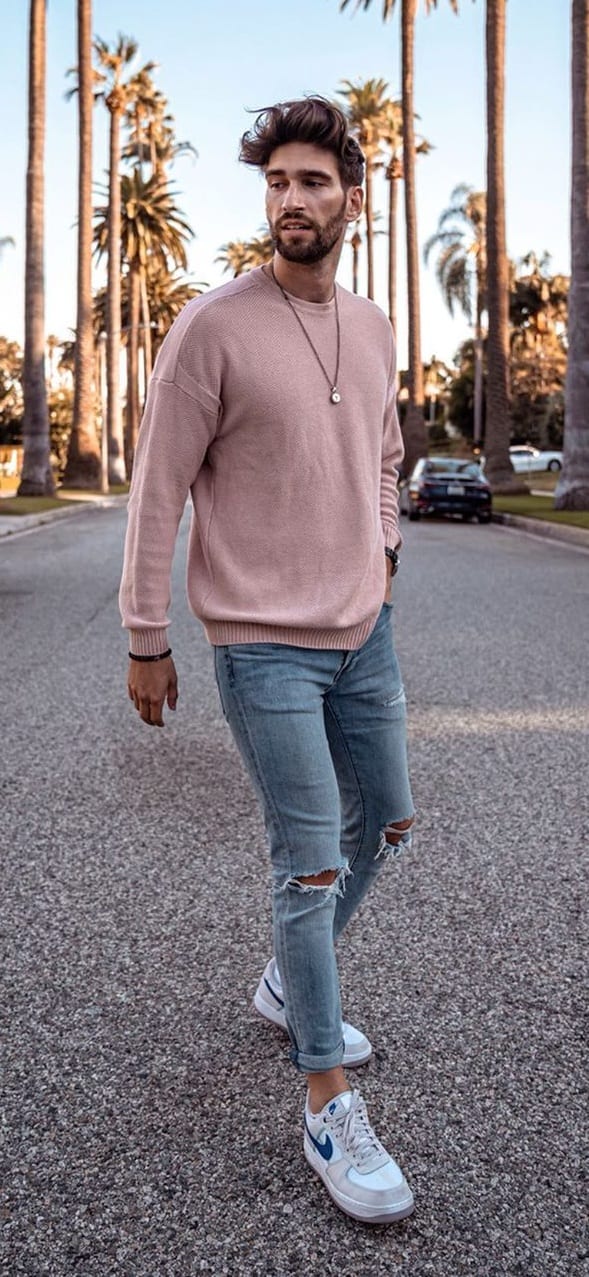 Sober Pink Sweater and Denims Outfit