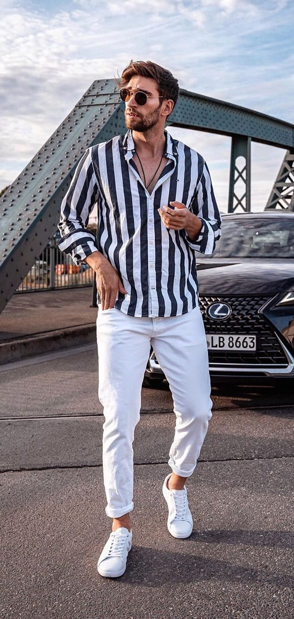 Striped Shirt And White Pants paired with White Sneakers