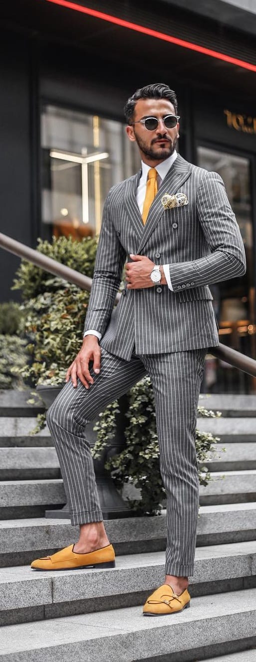 Grey Striped Suit Mens Outfit