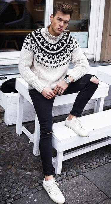 White Printed Turtleneck Sweater paired with Black Denim for Winter