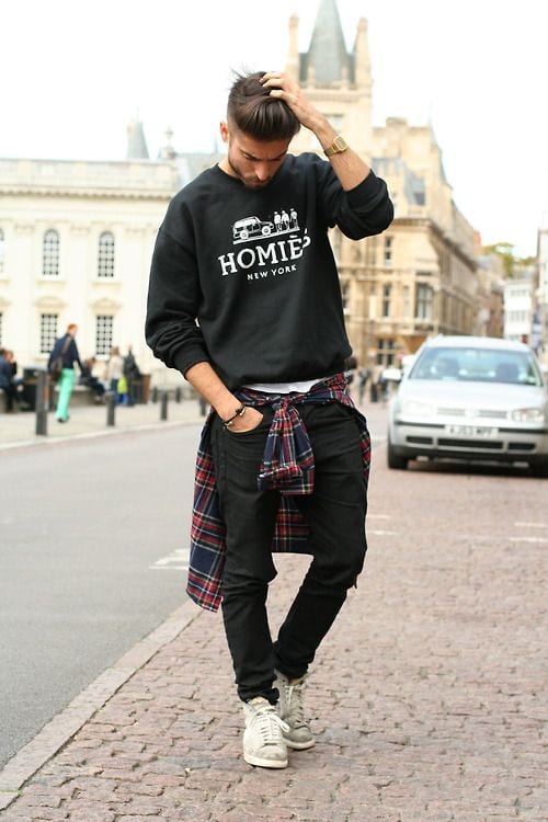 A-Complete-black-Outfit-Comprises-of-Sweatshirt-denim-A-plaid-Shirt-Sneakers-1