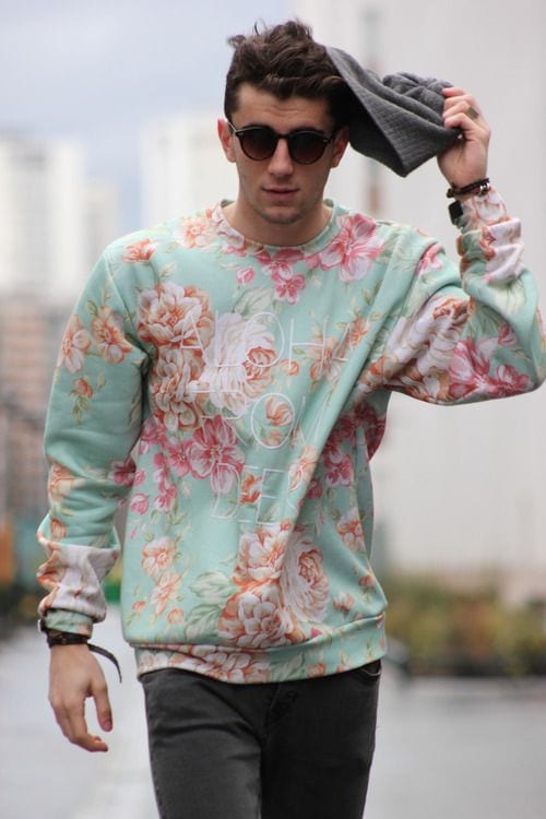 A-floral-mint-green-sweatshirt-for-men-with-beanie-half-round-sunglasses-1