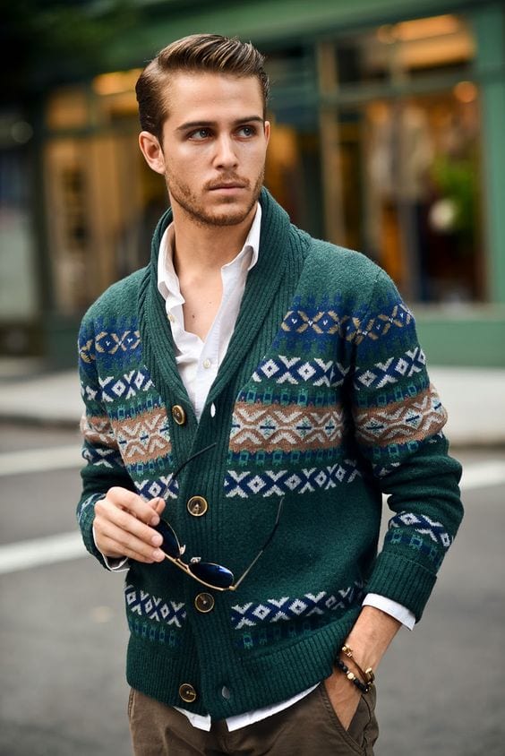 Adam-Gallagher-green-woollen-cardigan