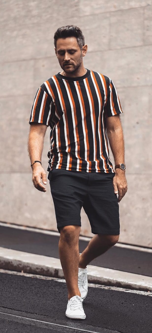Black Orange White-Striped-T-shirt-and-Black-Shorts