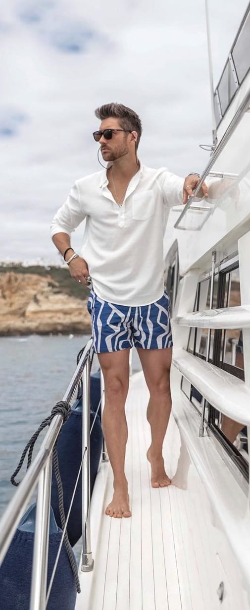 Blue-Shorts-and-White-Linen-t-shirt