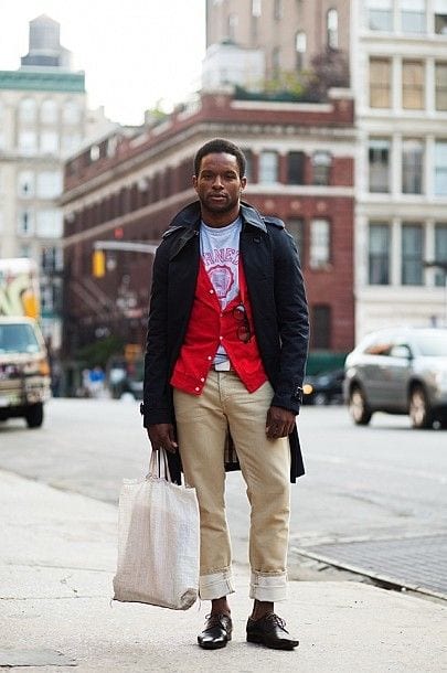 Dress-in-Red-Cardigan-with-Black-Trenchcoat-White-and-Red-Print-T-shirt-Khaki-Chinos-and-a-pair-of-Dark-Brown-Leather-Derby-Shoes-1