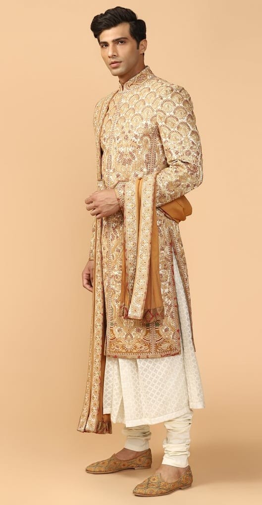 Embroidered Sherwani With Kurta, Churidar, Stole & Kamarbandh