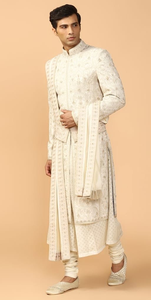 Embroidered White Sherwani With Kurta, Churidar, Stole & Kamarbandh