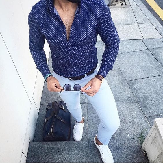 Formal-look-with-Blue-Dotted-Shirt-Light-Blue-Chinos-and-a-pair-of-White-Sneakers-are-killing-it-1