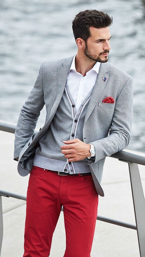 Grey-Cardigan-styled-with-Grey-Blazer-White-Shirt-and-a-pair-of-Red-jeans-which-is-looking-amazing-1
