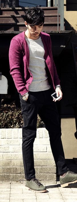 Maroon-Cardigan-with-Black-chinos-1