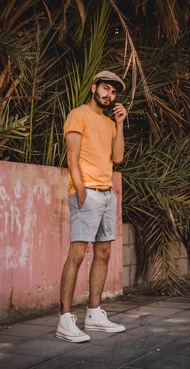 Orange-T-shirt-and-Grey-shorts-outfit