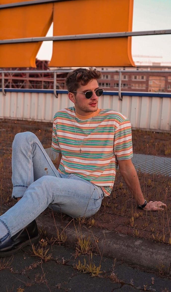 Orange White-and-Green-Striped-T-shirt-with-Blue-denims