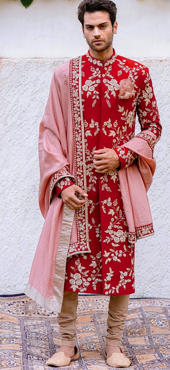 Red Sherwani with Pink Duppata for Indian Groom