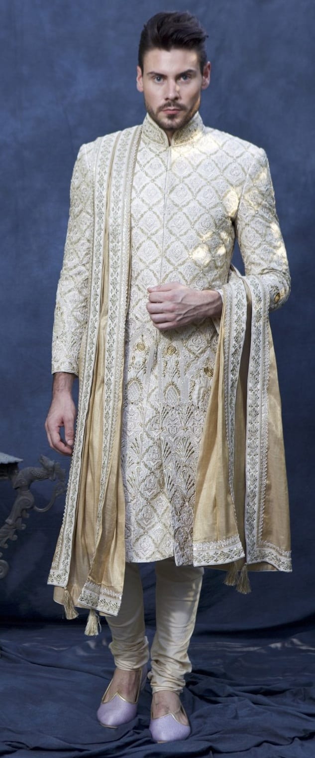 Stunning White and Gold Sherwani Outfit for Men