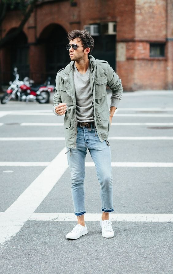 White-Low-Top-Sneakers-styled-with-Fall-Jacket-Grey-T-shirt-and-a-pair-of-Ankle-Lenght-Denim-Jeans-perfect-for-a-weekend-look-1