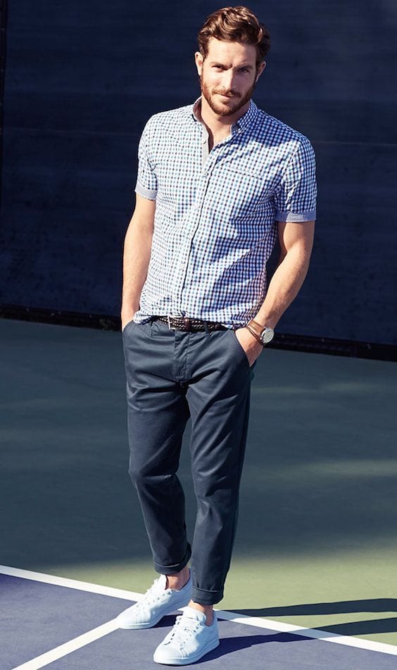 White-Sneakers-styled-with-Navy-and-White-Short-Sleeve-Shirt-Navy-Chinos-and-Brown-Woven-Leather-Belt-1