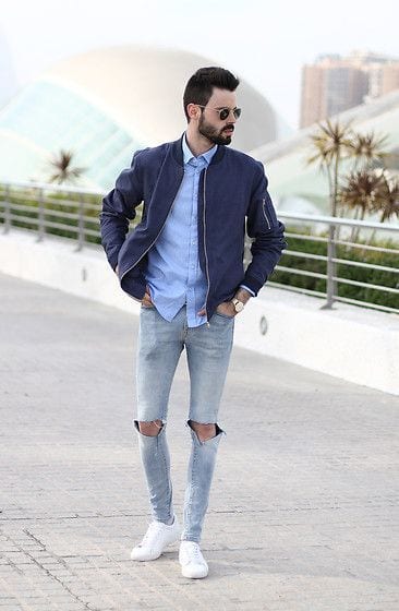 Amazing-look-with-this-Navy-Bomber-Jacket-Light-Blue-Shirt-Grey-Ripped-Jeans-and-White-Sneakers-1