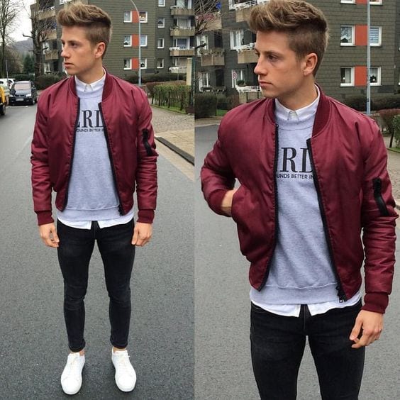 Maroon-Bomber-Jacket-styled-with-White-Shirt-Grey-T-shirt-Black-Jeans-and-one-can-finish-the-outfit-by-wearing-White-Sneakers-1