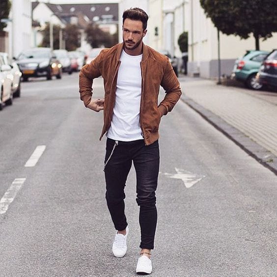 Simple-yet-stylish-with-these-Tobacco-Suede-Bomber-Jacket-styled-with-White-T-shirt-Black-Jeans-and-paired-with-White-Low-Top-Sneakers-1
