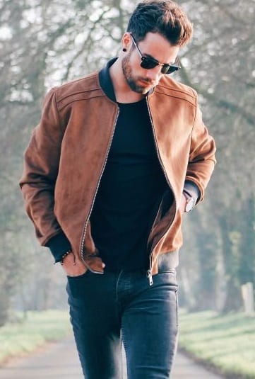 brown-leather-bomber-jacket-styled-with-plain-black-tshirt-jeans