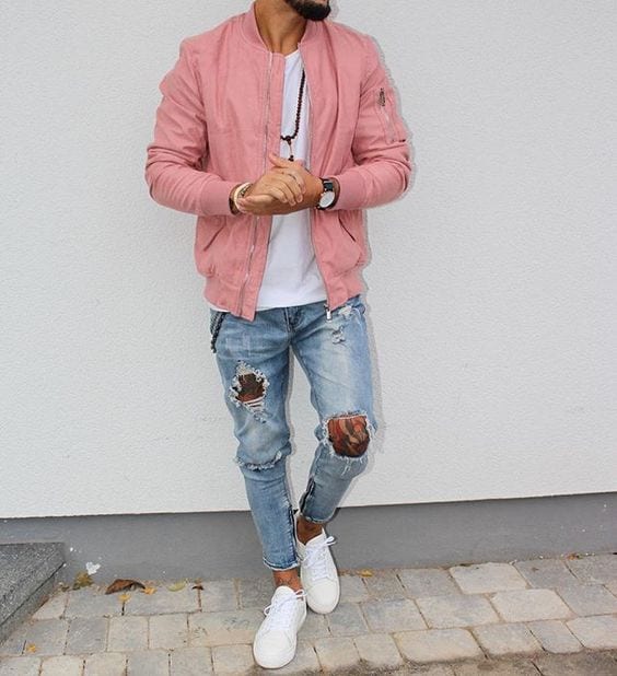 pink-bomber-jacket-with-ripped-light-blue-jeans-with-white-sneakers