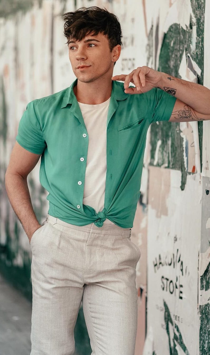 Cuban Collar Shirt-Tee- Chinos Outfit-Ideas