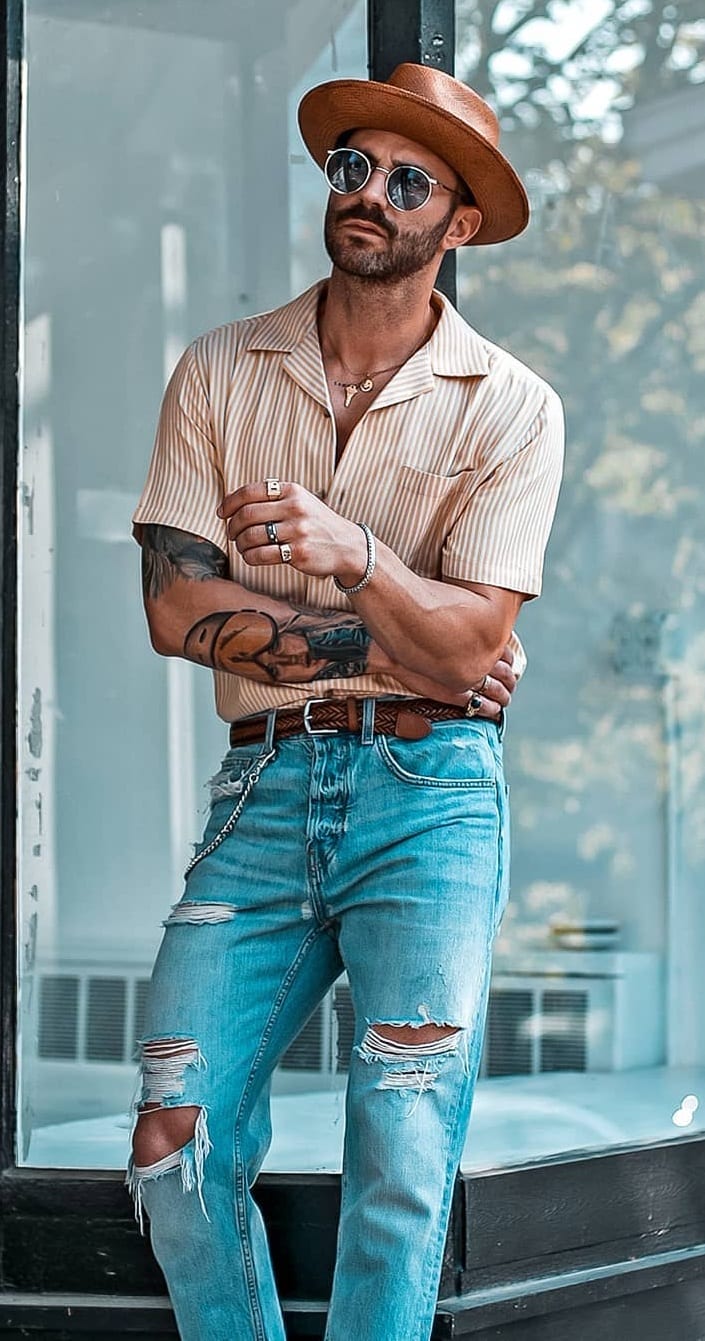 Cuban Collar Shirt styled with Ripped Denims, a hat and sunglasses