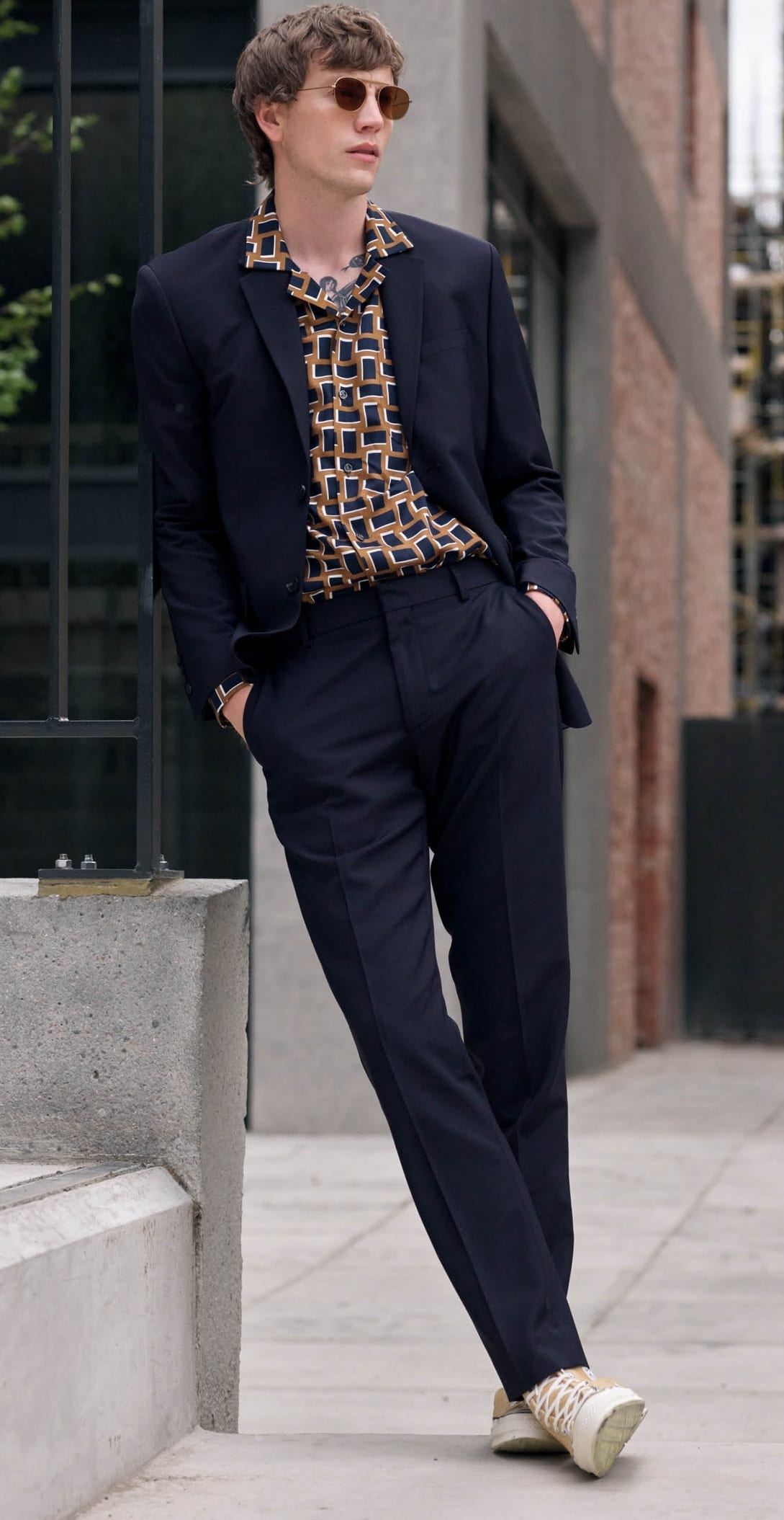 Suit paired with a Cuban Collar Shirt