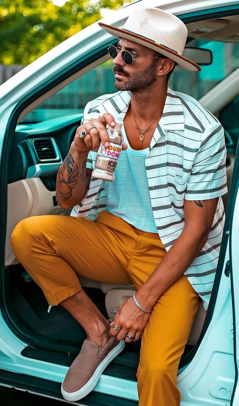 Unbuttoned Striped Cuban Collar Shirt- White Tee-Mustard Chinos-Outfits