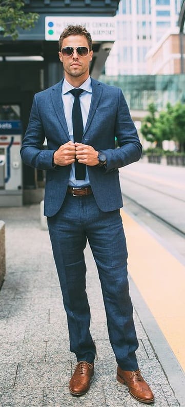 Blue Suit-Brown Belt-Brown Shoes- Mens Outfit