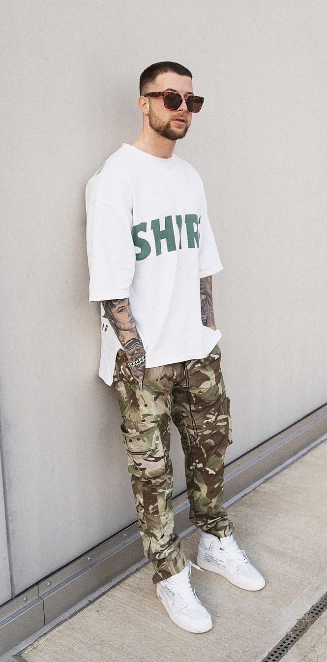 Camouflage Trousers Paired Up with a White T-Shirt
