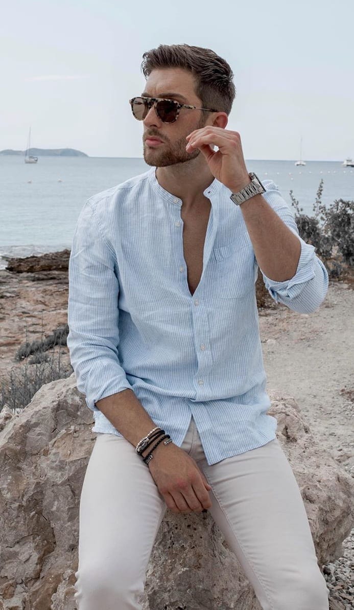 Light Blue Linen Shirt And White Chinos Outfit
